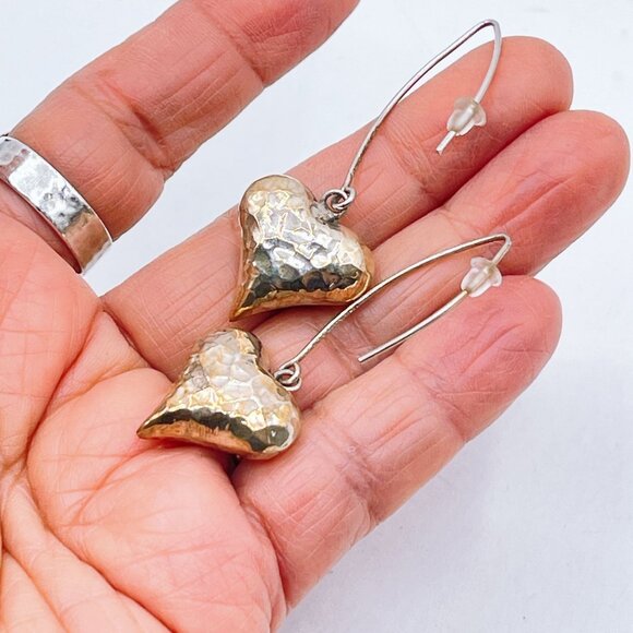 925 Silver Hammered Heart Shape Drop Earrings - Picture 4 of 6
